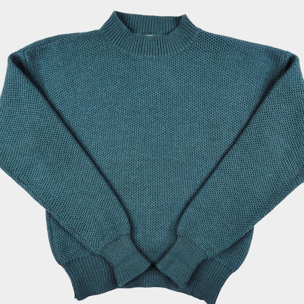 Vintage Meister Sweater Womens Medium Teal Wool Mock Neck Waffle Knit 80s
